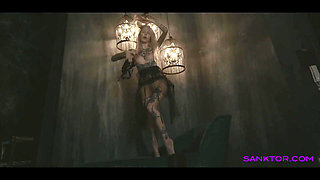 Tattooed teen is dancing in the dark room