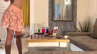 Super Hot Incredibly Beautiful Big Tits Perfect Body Blonde Girl Plays with Domino Stones to Flash Pussy and Ass