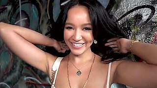 Asian busty babe fucked outdoor in public place by sex agent