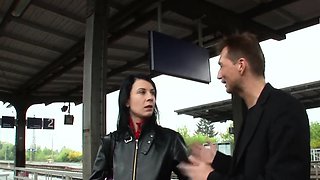 Skinny black-haired woman at street casting