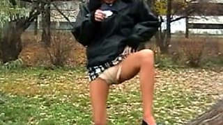 Brunette Flashing Her Titties And Pussy Outdoors In Public