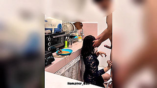Almost Caught, Cheating Maid While Cooking in the Kitchen