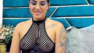 Busty curly brunette with big boobs fucks on couch