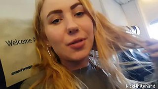 Real Public Airplane! Jerk off , Suck my cock ! Shows boobs