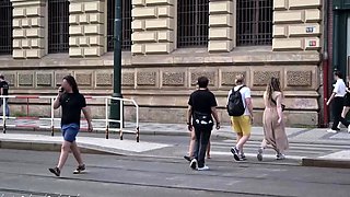 Pantyless European MILF vixen flashing her pussy in public