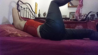 French Amateur Who Wears Satin Outfit with Stockings and High Heels