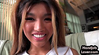 Tiny Asian cheerleader bae pussyrubing and stroking POV