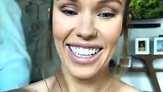 StrapOn Lesbian with big boobs fucks her blonde sexy GF