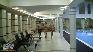 Bikini girls in group sex scene
