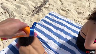 Public Pickup Stepmom and Stepdaughter on Beach - Risky Dick Flashing Cum on Face