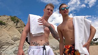 Outdoor MMF threesome on the beach with blonde Victoria Vera