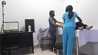 The doctor and the nurse seduce a patient to fuck him in the office