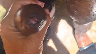 I catch my neighbor taking a bath and not glove sucking his cock
