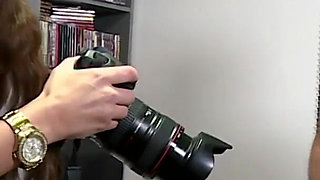 Sexy brunette deepthroats his cock in the office