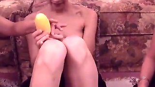 Three lustful housewives fuck each other with vegetables on the floor