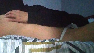 Woman pleasuring lucky guy wearing little thong panties Female on male nipple licking making him moan like a slut