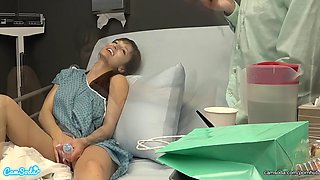 Public sex in the hospital. MILF flashing, boyfriend cum on tits after handjob