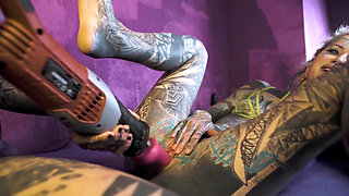 Anal Fuckmachine Destroys Cute Tattoo Girls Asshole - Lesbian Squirt Action