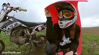 Sporty girl Jeny Smith rides a dirt bike naked in public