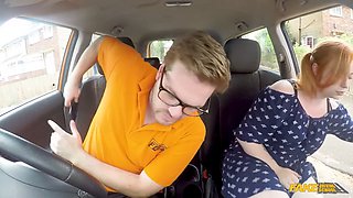 Plump redhead enjoying a massive cock in a car and swallows his cum - Fake Driving School