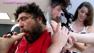 Skinny Brunette foot reveal, gets toes sucked and licked