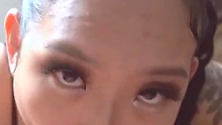 Big Booty Asian Wearing Fishnets Rides and Gives Blowojob POV