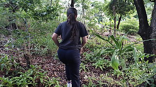 A cute slim Latina girl walks outdoors and flashes her big boobs and ass