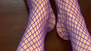 Really Sexy Legs with Tiny Feet with Long Toes in Purple Fishnet Stocking