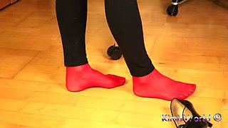 Peeptoe Dangling in Red Stockings & Black Leggings