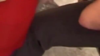 Stunning blonde babe in pantyhose is pleasing big cock with her feet