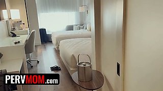 Stepson walks in on his step-mom pleasing herself with a toy while they're on vaca together