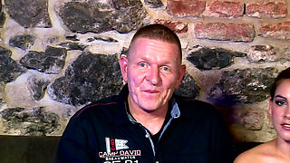 Hairy pussy big boobed babe enjoys with an older dude and his load on her bush