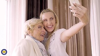 Blonde girl eats grannys old pussy
