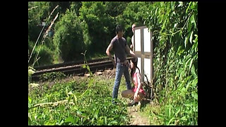 Sexy young busty girl takes a couble of nice cocks outdoor