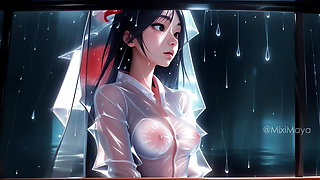Cute topless Japanese girls under the rain