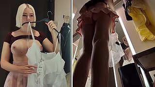 Young blonde with big tits tries on transparent clothes. Blonde MyCandyAlice shows tits in public. Public fetish