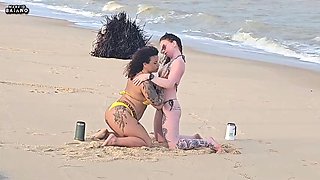 TWO LESBIAN CHICKS PLAYING ON THE BEACH GOT PICKED UP BY A TOURIST AND HAD THEIR ASSES FUCKED