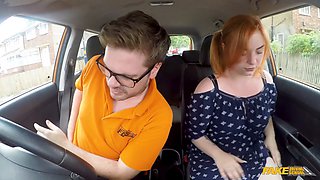 Redhead harley morgan takes a hard pounding in a car & swallows every drop - Fake Driving School