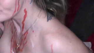 Halloween Bukkake Party with Two Sexy Chicks and Some Hard Cocks