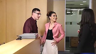Spanish boss Alexa Tomas and secretary Julia Roca share a rock hard cock