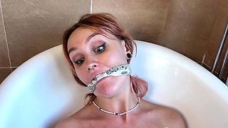 Horny Brunette Beauty Tied Up and Teased in the Bathtub