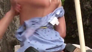 Lusty sluts are sucking and fucking two guys outdoors
