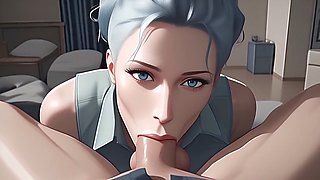 Blue-haired milf Atkins' Heaven gives a mind-blowing deep-throat blowjob in animated style
