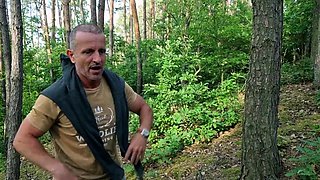 Horny young blonde bitch riding grandpas old cock outdoors