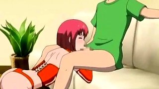 Anime redhead giving blowjob at the office