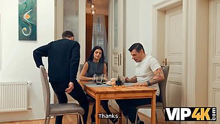 Vip4k. sexy brunette thinks that the whistle is a signal to fellate an older dick