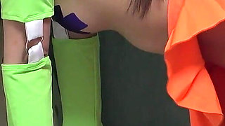 No Bra Nipple Stickers, Mini Skirt, Yellow Thong Wedgie Crotch, Cute Japanese Girl Body Viewed From Under the Desk