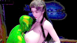 3D anime queen with big boobs and a green monster in wild action