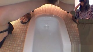 Hairy pussy asians piss into public toilet