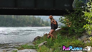 Sweet blond musician posing outdoor